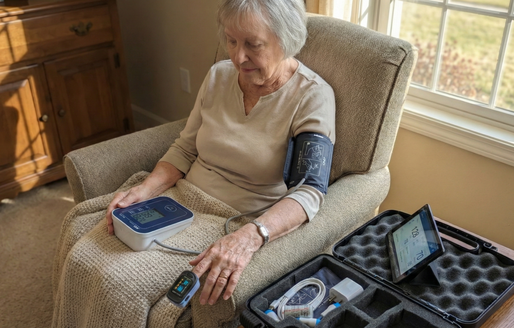 A patient uses the home kit to record her vitals
