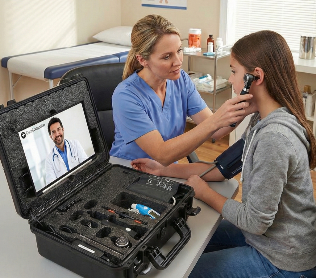 School nurse uses a video otoscope on a student while a provider observes the live stream virtually