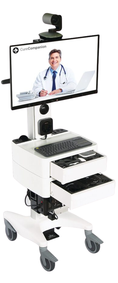 Telemedicine cart containing a 27" 1080p HD display, PTZ 1080p HD webcam, conference audio, and a comprehensive set of medical devices.