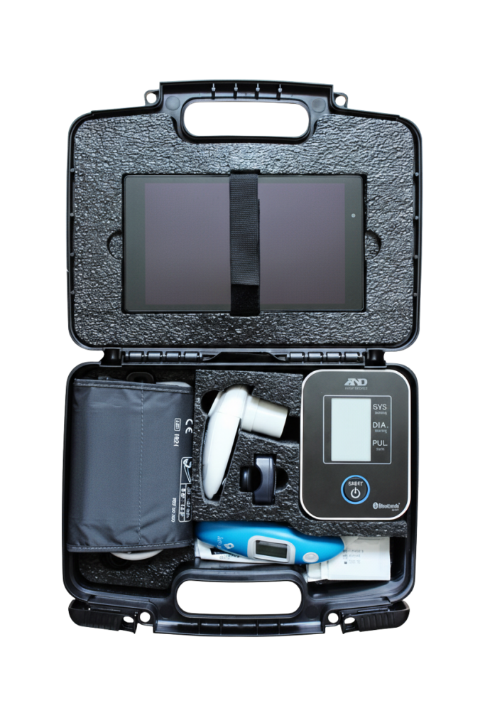 RPM kit containing blood pressure monitor, pulse oximeter, glucometer, and touch-screen tablet.