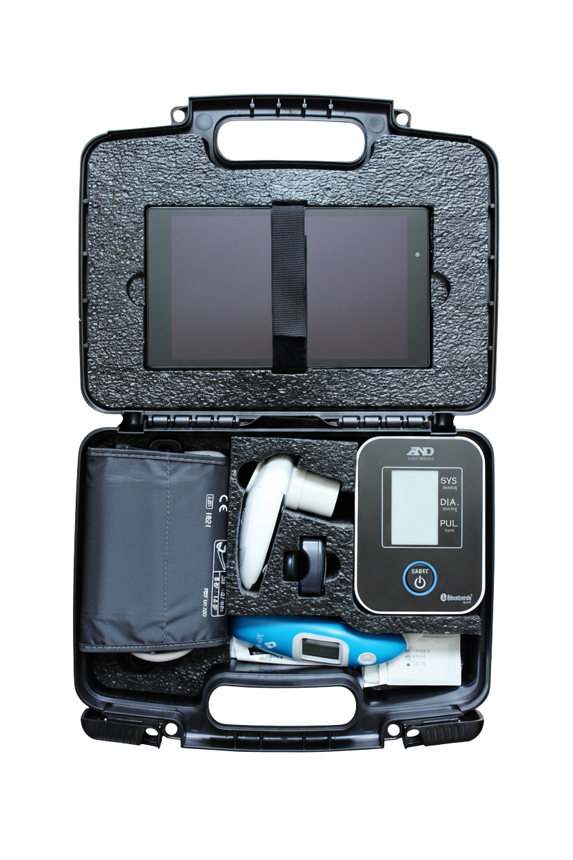 RPM kit containing blood pressure monitor, pulse oximeter, glucometer, and touch-screen tablet.