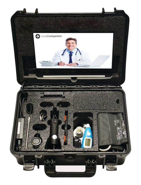 Telemedicine kit including a 14" touch-screen tablet, 1080p HD webcam, 8+ hour battery life, and a comprehensive set of medical devices.