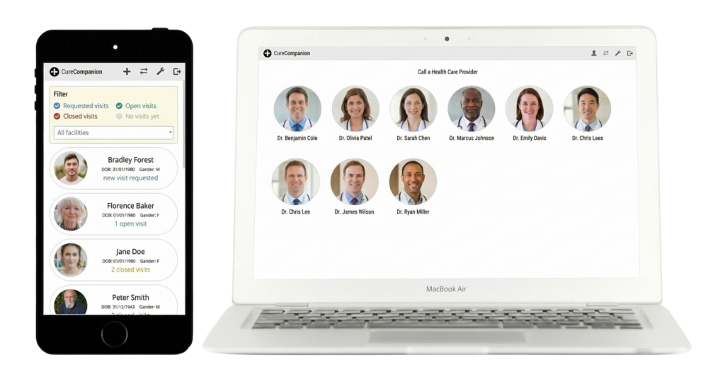 CureCompanion software platform shown on mobile phone and laptop screens