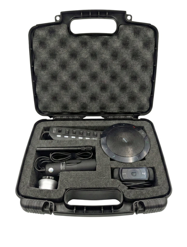 Starter telemedicine kit containing handheld exam camera, stethoscope, otoscope, and audio/video equipment.